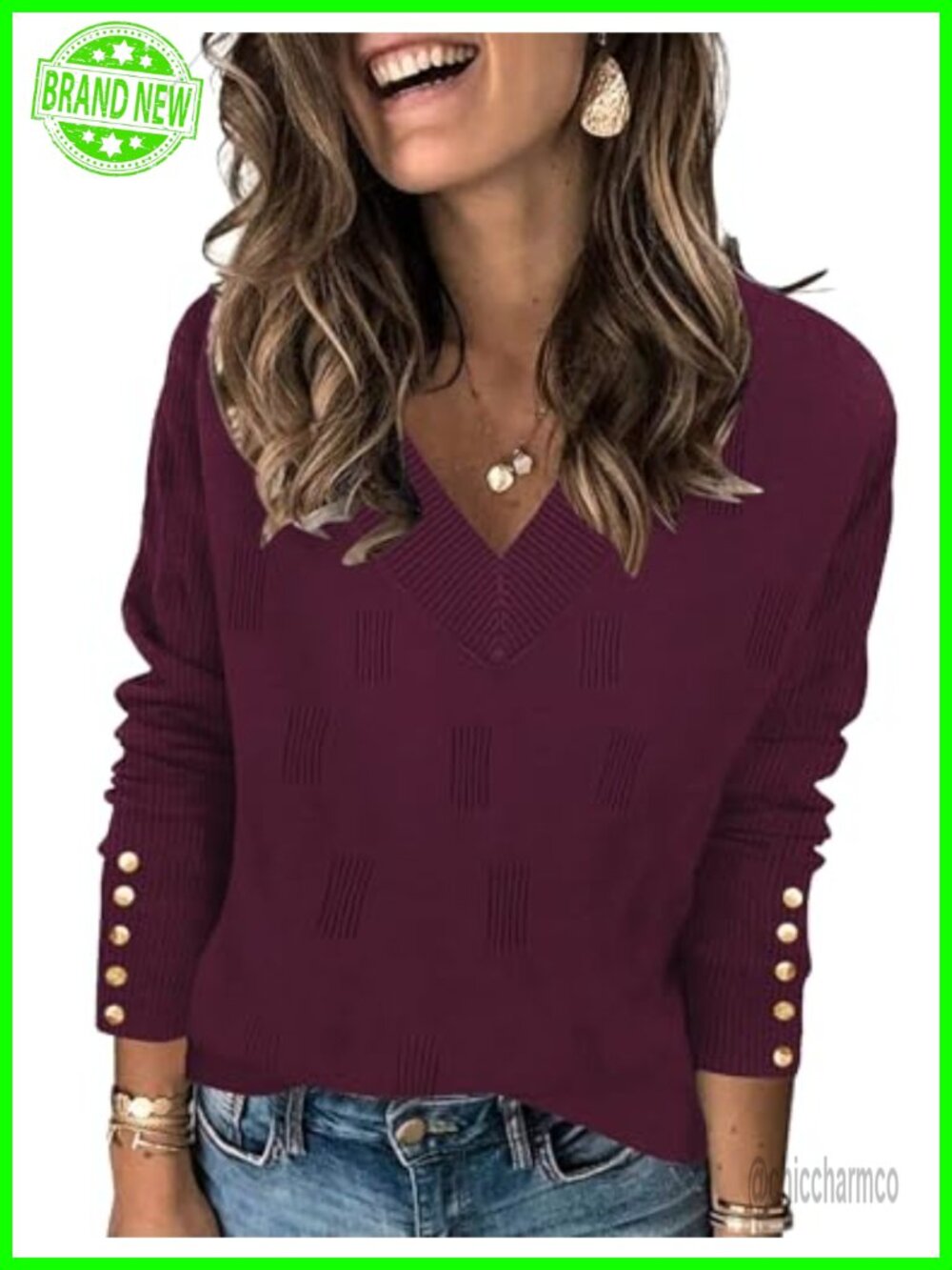 V Neck Long Sleeve Lightweight Knit Pullover Sweater with Buttons